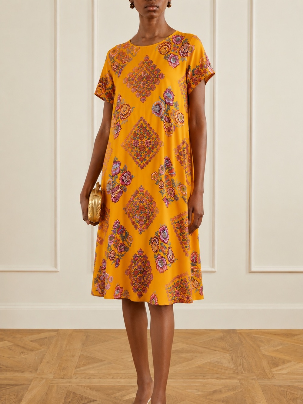 La DoubleJ Swing Dress Yellow Floral Medallion Print Short Sleeve Size L